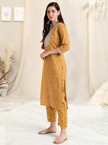 Image of MIRCHI FASHION Pure Cotton Women Straight Print & Thread Embroidery Kurti Set with Dupatta & Pant