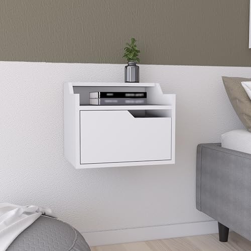 RiouPsithuric Mueble Flotante Moderno Estantería Moderna de Dos Niveles para Montaje en Pared con Amplio cajón, 31,2 cm x 12 cm x 25,7 cm, Madera de ingeniería Blanca, Ideal para dormitorios PE