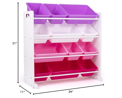 Image of Humble Crew Toy Storage Organizer with 12 Removable Storage Bins for Kids Playroom, 4-Tier Toddler Toy Organization, White /Purple /Pink