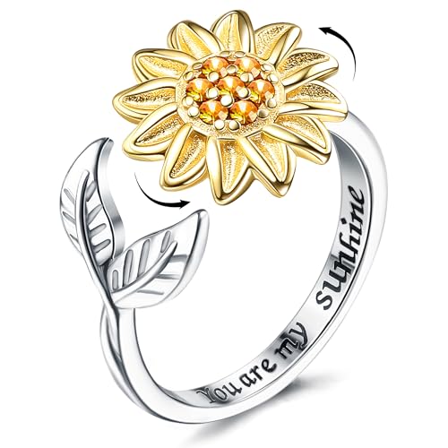 925 Sterling Silver Rings Sunflower Fidget Ring for Women Anxiety Stress Relieving You Are My Sunshine Flower Spinner Rings Cubic Zirconia Open Adjustable Stacking Statement Wedding Stackable Ring Jewelry Gift for Women