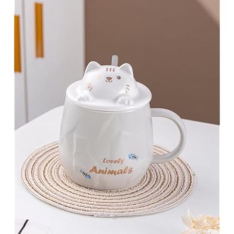 Urban Tokyo Cat Mug Adorable Coffee Mug Ceramic Cup Novelty Mug with Lid and Stainless Steel Spoon 14 fl oz Lovely Kitten Neko (Gray) Cover