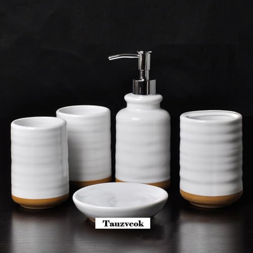 Juego de accesorios de baño de 5 piezas con dosificador de jabón y vasos para cepillos 7