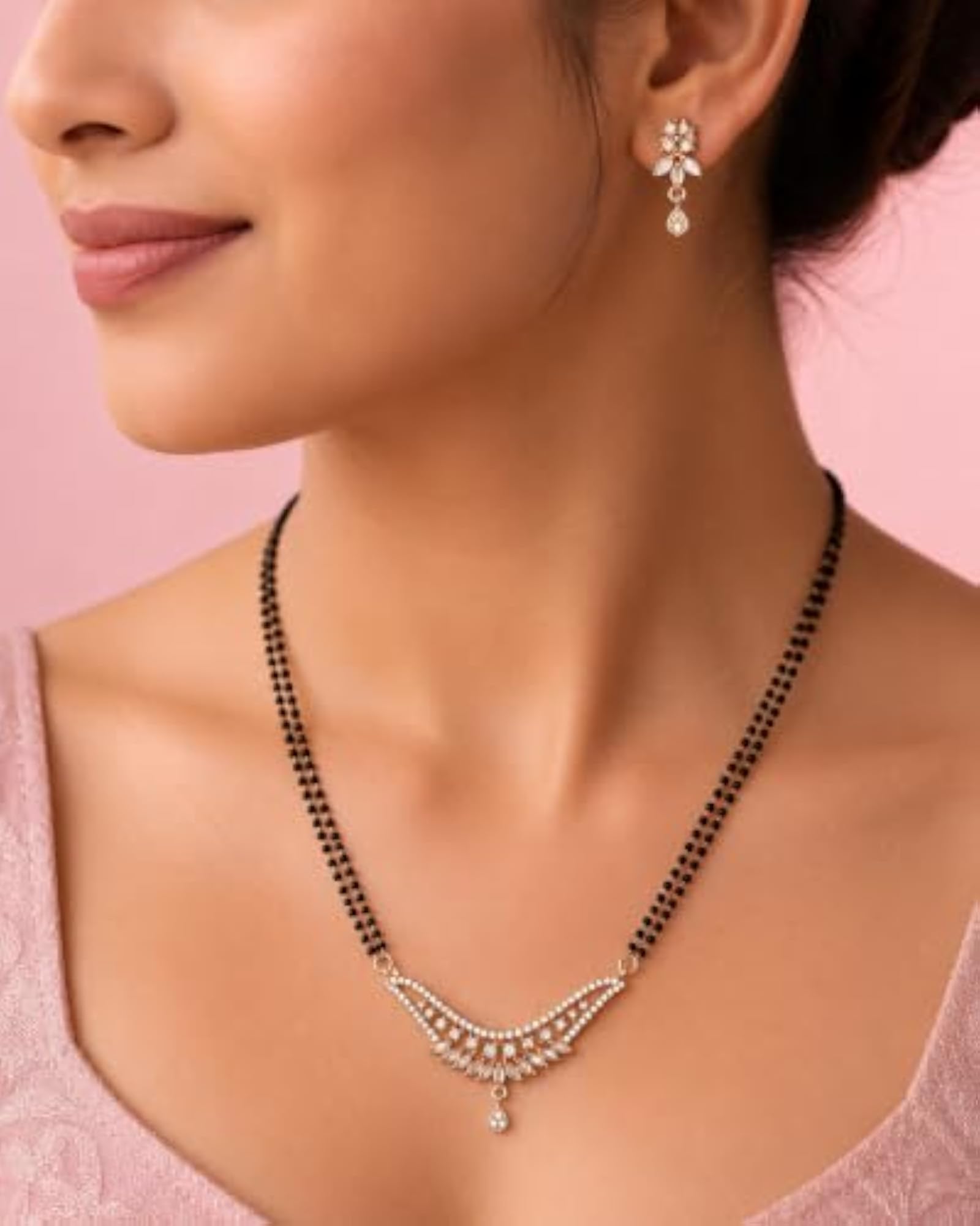 Dual Strand CZ Mangalsutra Set with Earrings, Black & Gold Finish