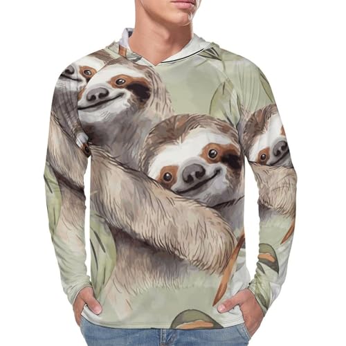 Men's Sun Shirts UPF 50+ Rash Guard Long Sleeve Sun Protection Hoodie Watercolor Sloth Lightweight Shirt 3XL White4