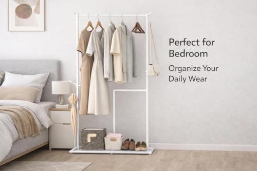 Image of Vasukie Heavy Duty Metal Clothes Rack with Bottom Storage Shelf & Side Hooks | Freestanding Garment Stand | Wardrobe Organizer for Bedroom, Living Room & Entryway (162.5 * 80.5 * 32.5) WHITE NEW