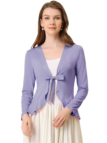 Image of Allegra K Women's Tie Front Sweater Dressy Casual Cardigan Draped Ruffle Shrugs for Women Dresses X-Large Light Purple