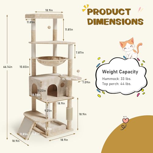 Image of Large Multi-Level Cat Tree, 66 Inches Tall Cat Tower with Scratching Posts, Condo, Hammock, Dangling Ball, and Extended Platform for Cats to Play and Sleep,Beige Cat Bed