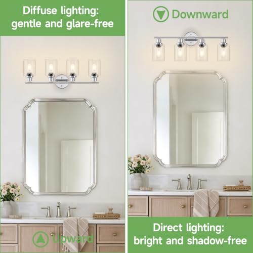 Image of 4-Light Bathroom Light Fixtures, Modern Chrome Vanity Lights for Bathroom with Clear Glass Shade, Wall Lamps for Mirror Hallway Kitchen Cabinet Living Room Sconces Lights