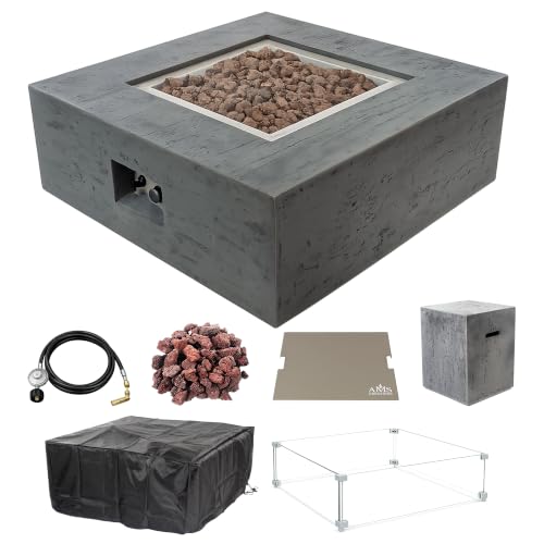 Image of AMS Creations | Albany 36 inches Square Propane Gas Outdoor Fire Pit Table | Concrete GFRC Fire Pit Table | with SS Lid, Canvas Cover, Tank Cover, Lava Rock and Wind Guard Included