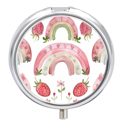 Pill Box 3 Compartment Strawberry Rainbow Pink Watercolor Portable Daily Pill Organizer Travel Medicine Case Vitamin Storage Container