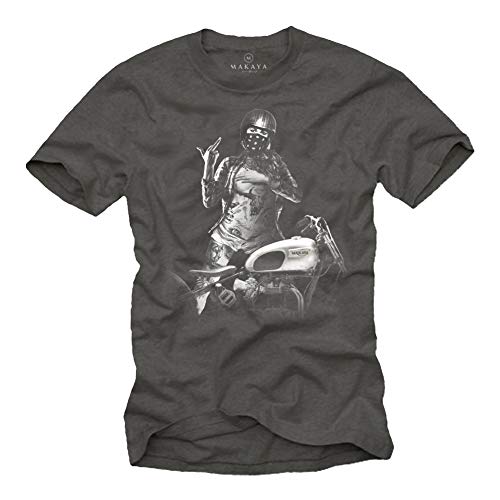 MAKAYA Pin Up Girl Med Motorcykel - Herr T-Shirt Grå - Motorcykelkläder Storlek L