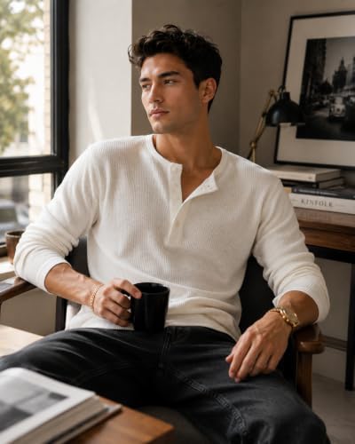 Image of NETCLICK Men's Textured Fabric Solid Half-Open Collar T-Shirt | Full Sleeve, Casual