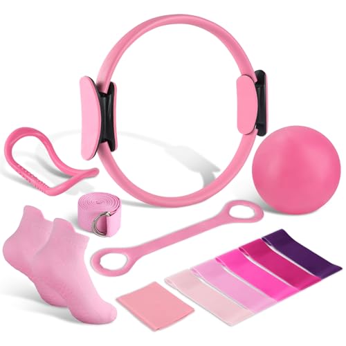 Home Pilates Essentials Kit for Women 13 Pcs Yoga Pilates Kit for Home Workouts Ring and Ball Set Magic Circle Hoop with Resistance Bands Accessories Compact Toning Fitness Essentials Starter Gift