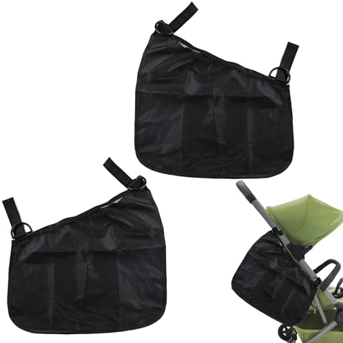 Anglepingping 2 Pack Universal Side Sling Stroller Cargo Net Non-Slip and Adjustable Straps Storage Mesh Bag Portable Mesh Storage Organizer (Black)