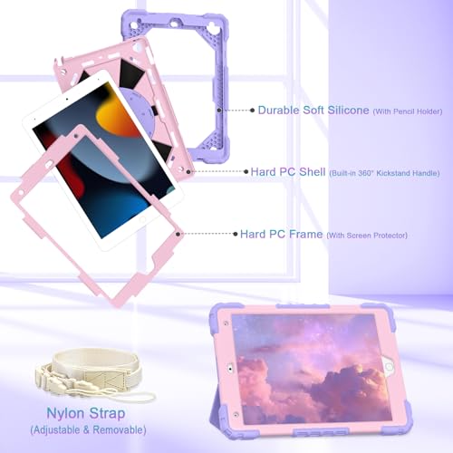 Image of Auizotl Case for iPad 9th /8th /7th Generation 10.2 Inch iPad Case 9th Generation with Screen Protector /Rotate Stand /Pen Holder,Military Grade Shockproof i Pad 9th /8th /7th Gen Cases,Purple Rose