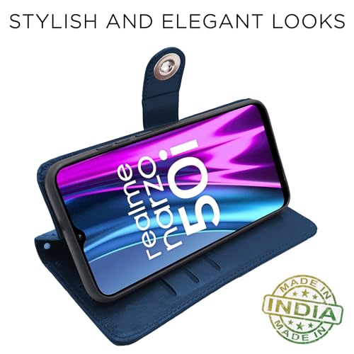 Image of Pikkme Realme Narzo 50i Flip Cover | Genuine PU Leather Finish | Full 360 Protection | Wallet Style | Inbuilt Pockets & Stand | Strong Button Closure Magnetic Flip Case for Realme Narzo 50i (Blue)