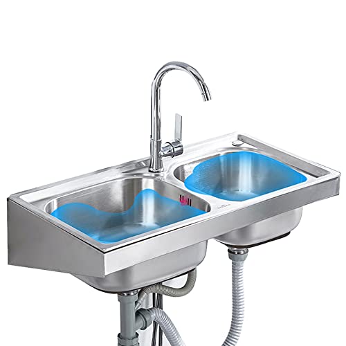 Fregadero acero inoxidable montado en la pared, estación de lavado de cocina de doble tazón con grifo y accesorios, cuenca de lavado de manos para lavandería, bar, garaje, escuela, hospital, parque ( Cover