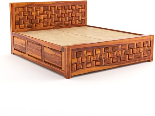 Image of Furniture Sheesham Wood King Size Bed with Storage Box | Wooden Box Bed King Size Double Cot Bed with Storage for Bedroom | Premium Niwar Design Headboard Bed for Living Room | Honey Finish