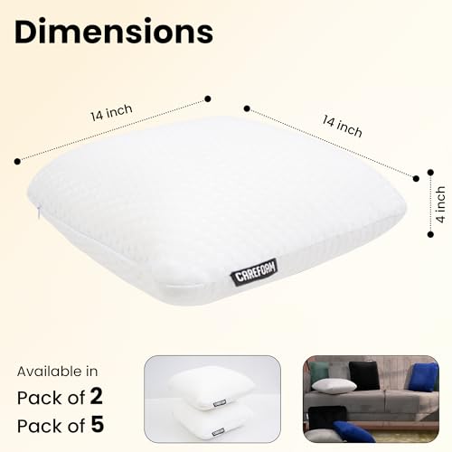 Image of CareFoam Memory Foam Square Cushion for Car, Sofa /Diwan, Bed, Chair & Decoration | Highly Durable, Hypoallergenic | 14 inchx 14 inch x 4 inch | Velvet Cover | White Jacquard, Pack of 5