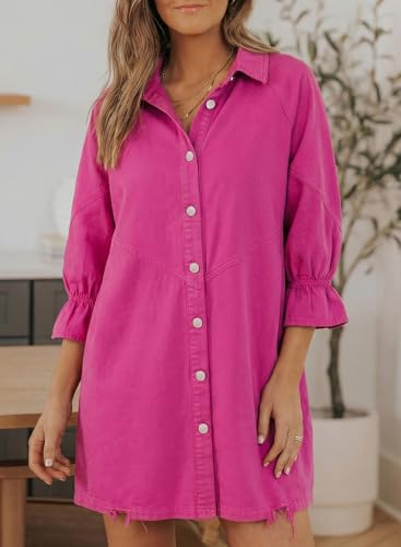 Image of Sidefeel Womens Smocked 3 4 Sleeve Button Down Denim Jeans Dresses
