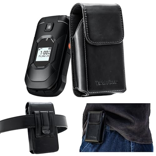 TarbicGear Leather Flip Phone Case with Belt Clip, Pouch for Kyocera & TCL & Nokia Flip Phone Holster for Belt, Cat S22 Case, Phones Sheath, Sonim XP3 Plus Magnetic Phones Pouch (Black)