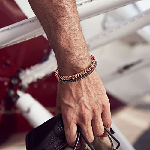 Image of Men's Leather and Steel Chain Bracelet with Clasp