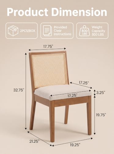 Image of HNY Farmhouse Rattan Dining Chairs Set of 6, Walnut Solid Hardwood Frame, Upholstered Linen Seat, Ergonomic Cane Back Dining Room Chairs for Kitchen, Dining Room, Apartment, Beige