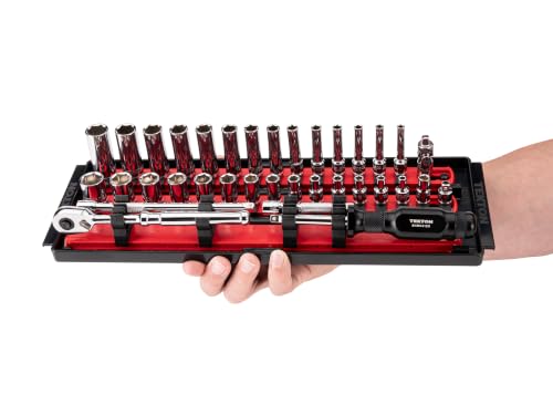 Image of TEKTON 1 /4 Inch Drive 6-Point Socket and Ratchet Set with Rails and Trays, 57-Piece (5 /32-9 /16 in., 4-15 mm) | SKT03301
