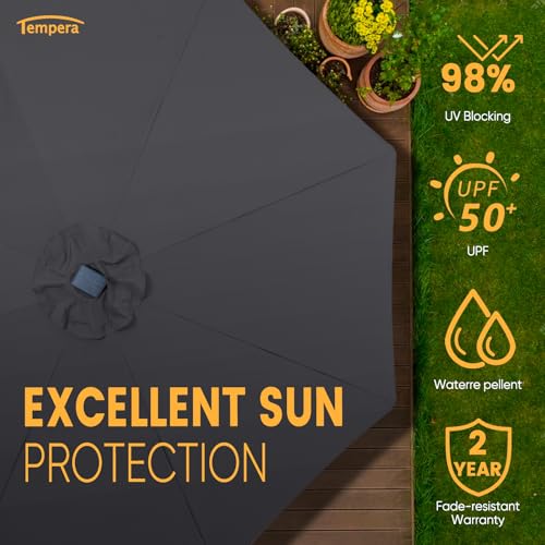 Image of Tempera Patio LED Umbrella with Light | Solar Outdoor Umbrella | Market Table Parasol with Push Button Tilt and Crank, with Sturdy Pole & Fade Resistant Canopy, Easy to Set