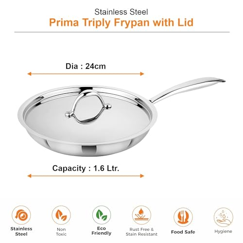 Image of Prabha Stainless Steel Fry Pan with Lid, Kitchen Fry Pan, Tri-Ply Layer Coating, 24cm, 1.6L Capacity, Induction and Gas Stove Suitable