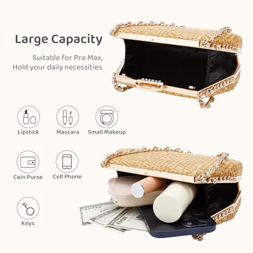 Image of Comeon Straw Clutch Bags for Women Evening Handbag with Rhinestone Handle Hand-Woven Summer Beach Bag Party Formal Purse