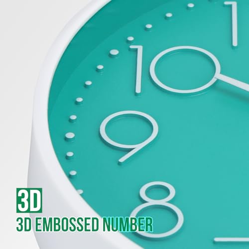 Image of Wall Clock Non-Ticking Silent Modern Simple Style Round Decor Clock Stereoscopic Dial Quartz Wall Clocks for Home /Office /School /Living Room /Bedroom /Kitchen (Turquoise, 12inch)