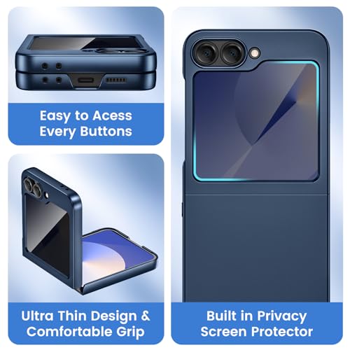 Image of Ruky for Z Flip 6 Case Built-in with Privacy Screen Protector, Blue | Support Wireless Charging, Full Body Cover Shockproof Hard PC Ultra-Thin Phone Case for Samsung Galaxy Z Flip 6, Blue