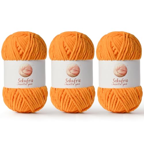 Image of Chenille Yarn for Crocheting, Size 5 Bulky,3 Orange | 300g /393yds Soft Chunky Velvet Yarn for Crochet and Knitting,Fluffy Baby Yarn for Amigurumi,Blankets and DIY Crafts.