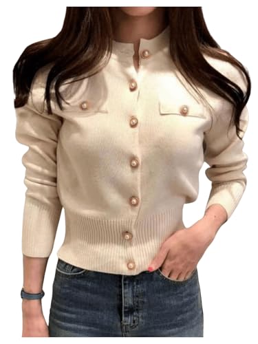 GORGLITTER Women's Button Up Tweed Cardigan Sweaters Long Sleeve Cropped Cardigans