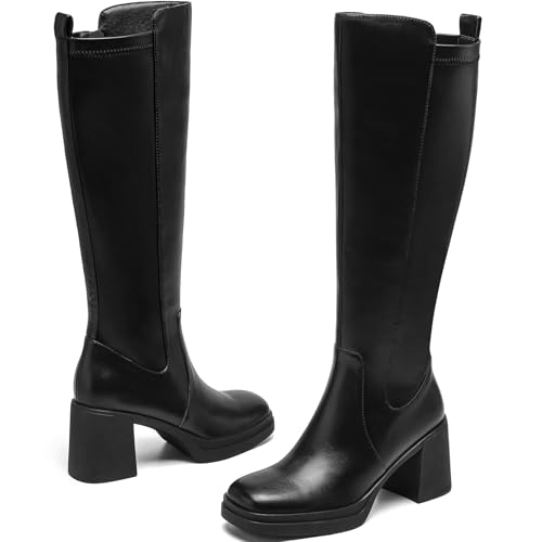 Knee High Boots Women Platform Chunky Heel Square Toe Tall Boot for Women High Heeled Side Zipper Long Boots3