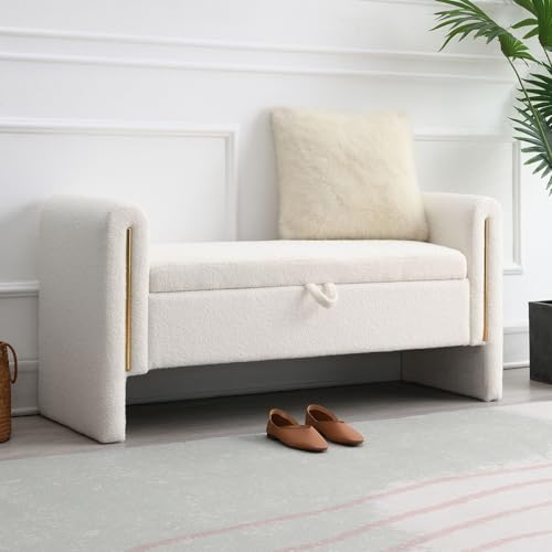 52-Upholstered-Storage-Bench-White-Armrests-Wood-Frame 52" Upholstered Storage Bench, White, Armrests, Wood Frame - Image 1