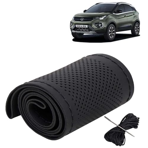 Image of KINGSWAY PU Leatherite Car Steering Cover Sewable Compatible with Tata Nexon (Year 2020-2023), Black Color with Black Thread, Pack of 1 with Sewing Needle and Thread