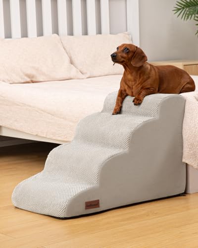 Image of Aodisman Dog Steps for Bed or Couch,4 Step Pet Stairs for Small Dogs & Cat | Curved dog ramp help small dogs,senior cats and puppies get on and off couches and beds,non-slip bottom,17.4 inch H,Light Grey