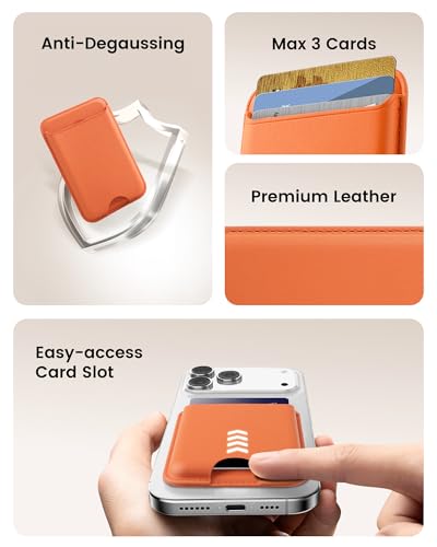 Image of KPNEOL Magnetic Mag-safe Wallet Cell Phone Card Holder for Phone Case with Mag-Safe, Stronger Magnetic RFID Leather Stick on Phone Wallet Compatible with iPhone 17 /16 /15 /14 /13 /12 Series, Orange Color