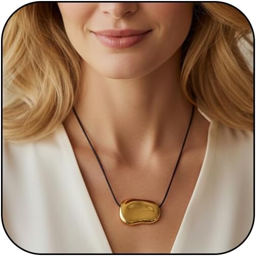 Chunky Gold Necklace For Women, Boho Adjustable Black Leather Long Cord Stainless Steel Pebble Pendant Necklaces Minimalist Statement Christmas Birthday Jewelry Gift