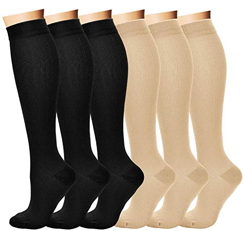 6 Pairs Compression Socks for Women and Men (15-20mmHg)- Great for Medical, Circulation,& Recovery,Nursing, Travel & Flight Socks - Running & Fitness (Black&Nude, Small/Medium)