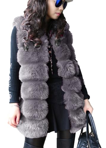 [YINGDIE] ファーベスト レディース ベスト 毛皮ベスト チョッキ ジレ アウター ロングベスト ファーコート カーディガン 防寒ベスト 毛皮コート ジャケット 毛皮 羽織 防寒 フォックス ロング 袖なし フェイクファー ふわふわ ボア 無地 秋冬 (ダークグレー,M,M)のサムネイル
