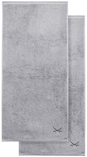 Sansibar 2er Set Duschtuch 70x140 cm – Saugstarkes Badetuch aus 100 % Baumwolle – Oeko-TEX zertifizierter Frottee – Sylt-Design mit gesticktem Säbel-Logo – Silber