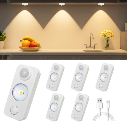 6 Pack Motion Sensor Puck Light, Rechargeable Stair Lights Wireless Dimmable, Stick on LED Night Lights Warm White, Under Cabinet Light for Kitchen Cabinet, Gun Safe, Closet, Drawer,USB Charging