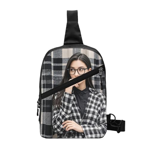 Black and white plaid Print Men's and Women's Foldable Crossbody Bag,Sports Crossbody Bags,and Daily Chest Bags