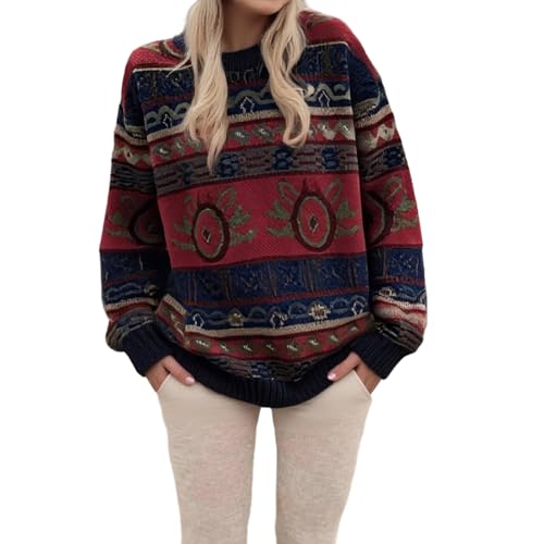 Image of Women Vintage Striped Pullover Sweater Y2k Long Sleeve Crew Neck Loose Knit Sweaters Fall Winter Knitwear