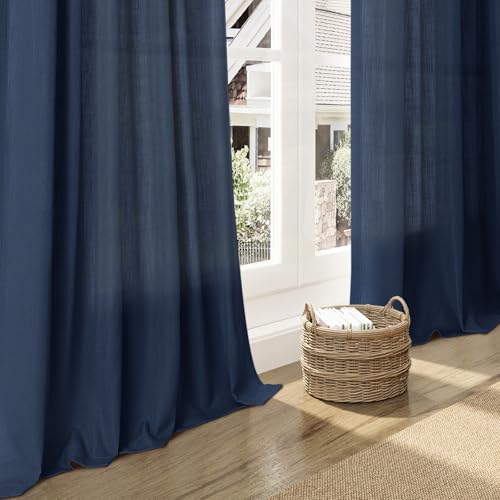 Image of Nanspring Denim Blue Linen Curtains 84 Inch Length 2 Panels Set for Living Room Rod Pocket Back Tab Light Filtering Window Drapes for Bedroom Dining Room Protect Privacy Country Farmhouse Decor 52x84