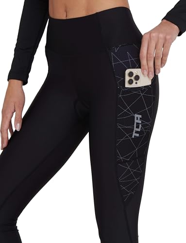 TCA Damen Gepolsterte Radleggings mit hoher Taille, atmungsaktive Fahrradshorts mit Taschen, rutschfest und schnelltrocknend - Grafikschwarz, XL