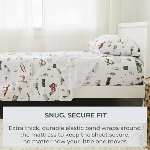 Image of Pobibaby Premium Twin Full Sheets Sets, Kids Double Bed Sheets in Cotton Blend | Ultra-Soft Woodland Camping Print with Fitted Sheet, Flat Sheet & Pillowcases (Twin Explore)